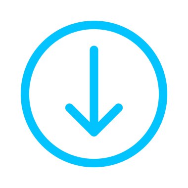 ok çizgisi işaretçisi aşağı daire mavisi renginde izole edilmiş, yön için dairesel darbelerde ok, ok düğmesi basit grafik, ui uygulaması için çizgi ok sembolü, arayüz için ok başı sembolü