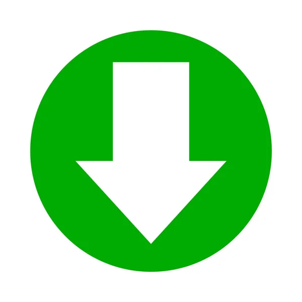 白に隔離されたアイコンフラットのための円の中に白を指す矢印 ボタンインターフェイスアプリのための下矢印と円 次の矢印記号やアップロードの概念をダウンロードし 方向のための簡単な矢印 — ストックベクタ