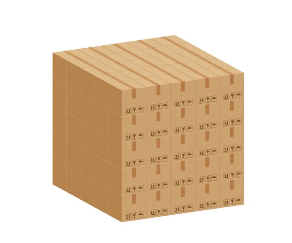 堆栈箱3D立方体 堆栈纸板箱在工厂仓库存储 纸板箱堆栈仓库工厂 包装货物 箱褐色隔离在白色背景 — 图库矢量图片