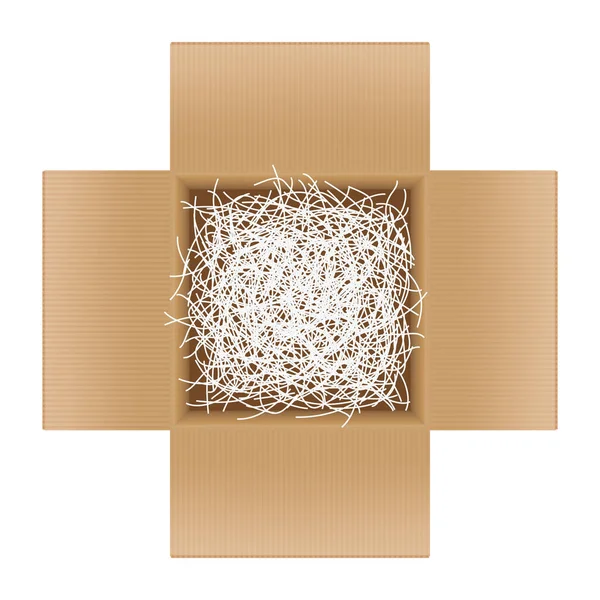 Papel Triturado Blanco Caja Cartón Marrón Abierto Para Paquete Regalo — Vector de stock