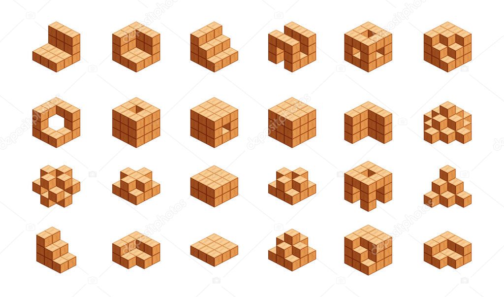 wooden cubes isometric for children learning, wood cubes sample with different isolated on white, 3d cubes wood for logic counting of preschool children, block wooden square for mathematical game kids