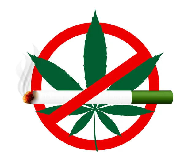 Unkrautzigarette Und Cannabisblatt Stoppschild Zigaretten Unkraut Und Marihuana Hanfblatt Warnschildern — Stockvektor