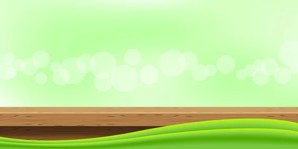 Holztischfrontansicht Und Grüne Grafik Auf Bokeh Soft Leere Tischplatte Aus — Stockvektor