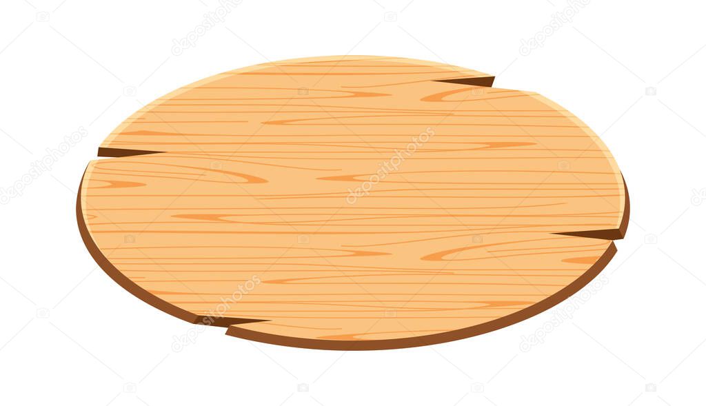ellipse plank for signage isolated on white, wood sign oval shape, empty wooden signpost for copy space, round wooden for message text, wood plank brown, wood frame cartoon style