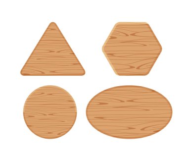 Tahta farklı bir koleksiyon beyaz arka planda izole edilmiş, trapezoid ahşap şekil, ahşap kare, yatay tahta şekilli açık kahverengi, tabela süsleme için ahşap panel