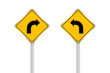 Oku gösteren yol işareti sola ve sağa eğil, trafik yolu tabelası beyazda izole edilmiş sarı, trafik levhası sola ve sağa dön, yol işareti ve çelik direği yol işareti için uyar