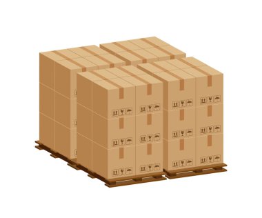 Yığınla sandık, ahşap palette 3D, fabrika deposunda karton kutulu ahşap palet, karton kutular, depo fabrikası yığını, ambalaj kargosu, beyaz üzerine izole kahverengi kutular.