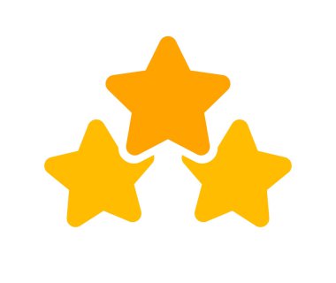 Beyaz arkaplanda üç yıldız ikonu, çizgi film yıldızı şekli sarı turuncu, illüstrasyon sembolü basit yıldız puanı, klip sanatı 3 yıldız logo, beş köşeli yıldız dekorasyon sıralama ödülü