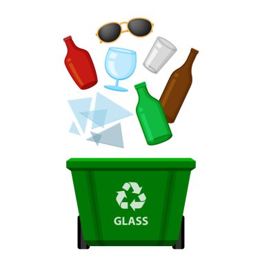 Cam atıkları ve yeşil geri dönüşüm plastik kutuları beyaz arka planda izole edilmiş plastik kutular, plastik kutular ve cam şişeler çöp, atık cam şişe, illüstrasyon klipsleme sanat kutusu, 3 r çöp