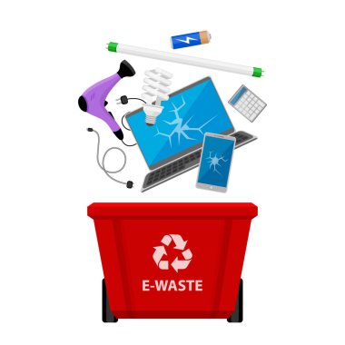 Elektronik atık ve kırmızı geri dönüşüm plastik kutusu beyaz zemin, çöp kutusu plastik ve e-atık toplama, atık elektrik ve elektronik ekipman, illüstrasyon plastik kutu, 3r çöp