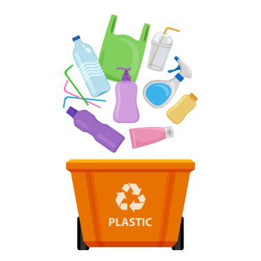 Plastik atık ve turuncu geri dönüşüm plastik kutusu beyaz zemin, çöp kutusu ve plastik toplama çöpü, atık plastik şişe ve çöp tüpü, illüstrasyon klipsleme sanat kutusu, 3r çöp kutusu