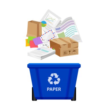 Kağıt atıkları ve mavi geri dönüşüm plastik kutusu beyaz zemin, plastik çöp kutusu ve kağıt geri dönüşüm çöpü, atık kağıt çöpü, illüstrasyon ataç sanat kutusu, 3r çöp
