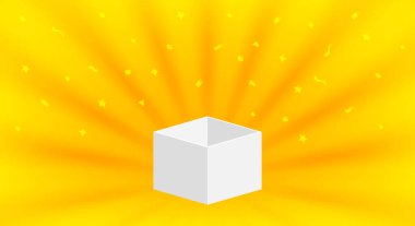 boş kutu sarı altın zemin üzerinde izole edilmiş, sürpriz veya hediye için tek beyaz kutu mevcut, boş kutu metin konsepti için fotokopi alanı, beyaz hediye kutusu 3d ve kurdele konfetisi altını