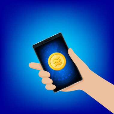 Altın sikke logosu Libra Calibra para birimi akıllı telefon ekranında El akıllı telefon ve Libra Calibra altın sikke bankacılık uygulaması için logo dijital para Facebook