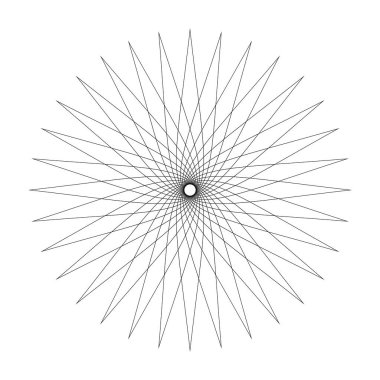 Beyaz arka planda izole çizgi yıldızı girdabı, yarıçap çizgileri yıldız girdabı ve bisiklet dalgası, optik çizgi dalgası kıvrımı siyah daire, dalgaların hareketli eğrisi, çizgi dalgası şeklinde yıldız.