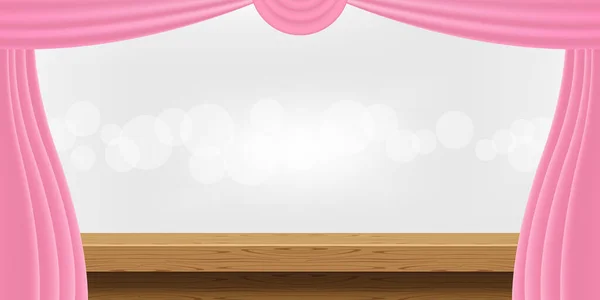 Leerer Holztisch Und Luxuriöse Rosafarbene Vorhänge Für Die Produktpräsentation Tischdekoration — Stockvektor