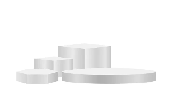 白の背景に豪華な3D台座の銀 化粧品製品ディスプレイ用の銀台座の円箱 デラックス勝利位置のための銀表彰台のステージショー 製品配置の楕円形の台座 — ストックベクタ