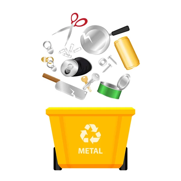 Metallabfälle Und Gelber Recycling Kunststoffbehälter Isoliert Auf Weißem Hintergrund Kunststoffbehälter — Stockvektor