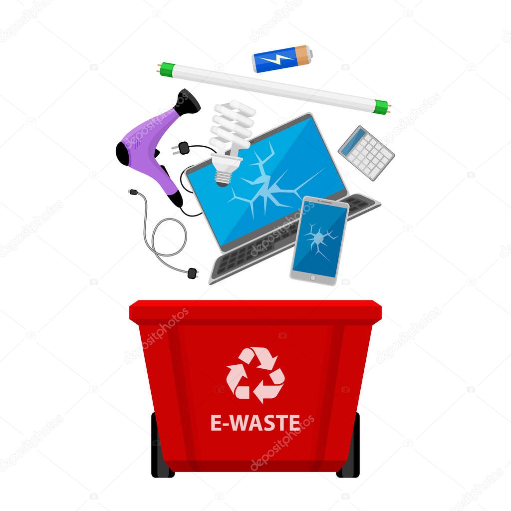 electronic waste and red recycling plastic bin isolated on white background, bin plastic and e-waste collection, waste electrical and electronic equipment, illustration plastic bin, 3r garbage