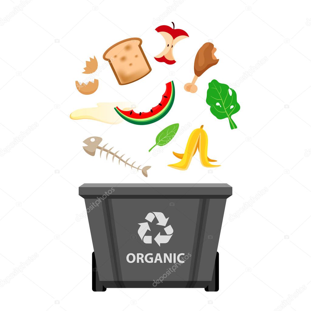 organic waste and grey recycling plastic bin isolated on white background, plastic bin and organic garbage, waste organic trash, illustration clip art bin, 3r garbage