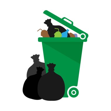 Çöp tenekesi, atık yeşili ve plastik torba beyaz arka planda izole edilmiş, çöp kutusu geri dönüşüm illüstrasyonu, çöp tenekesi dolu, klips sanat çöpü, bilgi için çöp kutusu düzlüğü