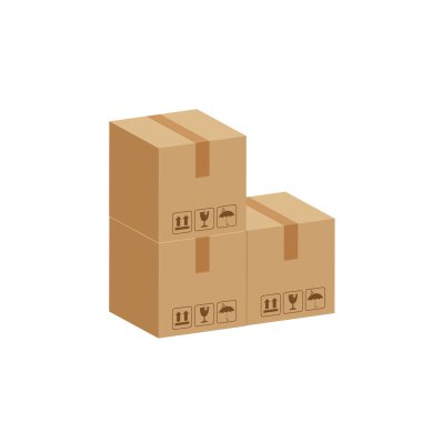 yığın kutuları 3d küp, fabrika depolama için üç karton kutu, karton kutular depo fabrikası yığını, ambalaj kargo, beyaz arka planda kahverengi kutular