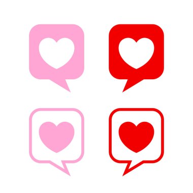 Konuşma ikonunda kalp konuşma ikonu, konuşma balonu sohbet ve aşk konuşma kavramı için kalp şekli, mesaj sembolü için kalp etiketi konuşması, pembe kırmızı konuşma balonu ve sevgililer günü kartının kalp çizgisi