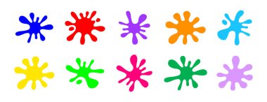 Beyaz arkaplanda izole edilmiş renkli damlacıklar, sanat öğrenen çocuklar için birincil renkler, birincil temel rengin sıçraması, mavi, sarı ve yeşil lekeler sanat sembolü için basit sıçrama