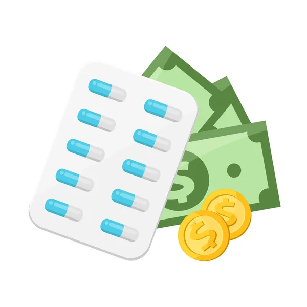 Pieniądze Kapsułki Lekarstwa Finanse Zdrowotne Pieniądze Drogie Leki Wydatki Opiekę — Wektor stockowy