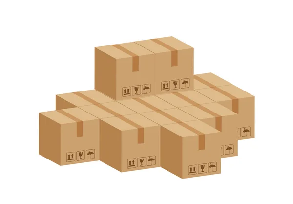 堆板条箱3D立方体 纸板箱用于工厂仓库储存 纸板箱纸板箱堆栈仓库工厂 包装货物 箱褐色隔离在白色背景 — 图库矢量图片