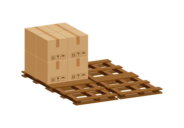 木製パレット上の3次元の杭箱 工場倉庫保管中の段ボール箱付きの木製パレット 倉庫工場の段ボール箱スタック 梱包貨物 白で隔離された茶色の箱 — ストックベクタ