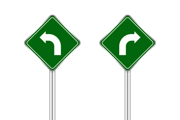 左右に曲がる矢印の道路標識道路標識緑白に隔離された交通標識左と右方向の標識と鋼棒に警告注意してください道を標識 — ストックベクタ