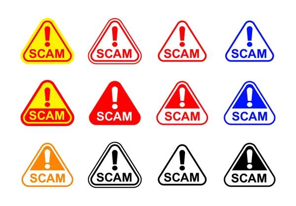 Scam Triangle Étiquette Signe Isolé Sur Blanc Arnaque Signe Avertissement — Image vectorielle