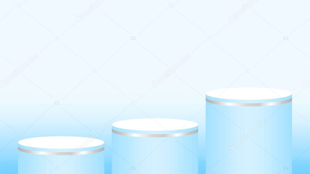 light blue pedestal cylinder circle 3 steps for cosmetics showcase, podium circle stage blue pastel soft color, platform steps for advertising, podium round for product display, copy space
