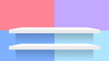 Pastel duvar mozaik fayanslar ve tahta raf beyaz ürün gösterisi için, basit duvar kare desen ve masa rafları kozmetik için, duvar pastel yumuşak, renkli kare şeklinde masa tahtası ve şık