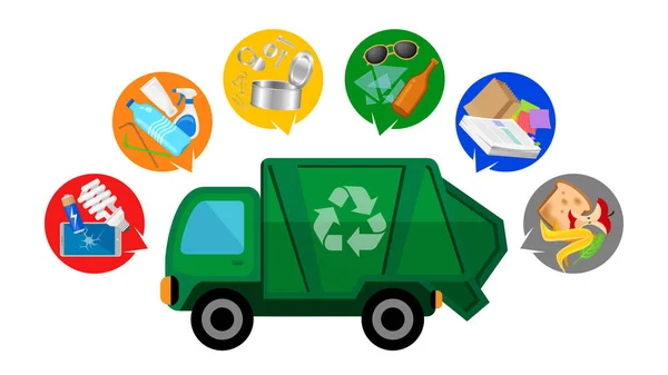 白い背景に隔離されたゴミ収集車と廃棄物 クリーンな管理のための廃棄物トラックのクリップアート ゴミ収集車のアイコンシンプルで イラストのゴミ収集車フラットインフォグラフィックシンボルのための緑 — ストックベクタ