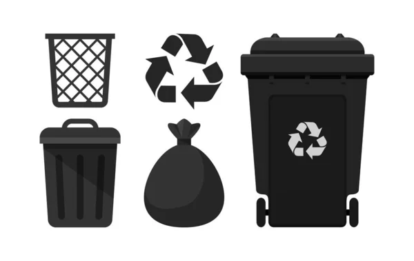 Black Bin Set Recycle Bin Black Plastic Bags Waste Isolated — Stock Vector