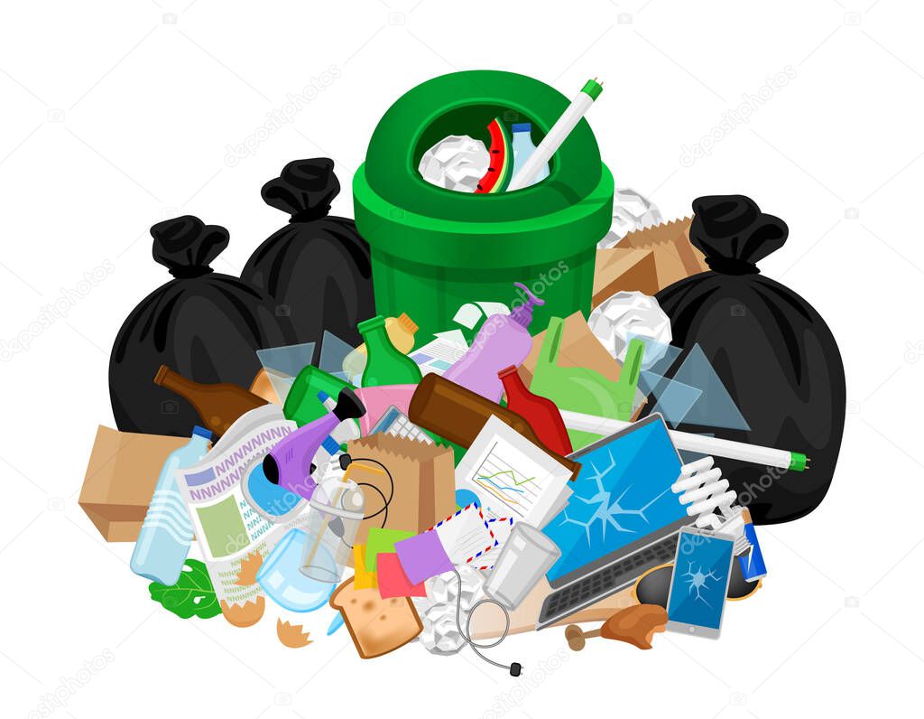 pile of garbage waste and bag plastic at green recycle bin isolated on white, plastic garbage waste many, plastic waste dump and bin green, illustration stack plastic waste and bin separation recycle