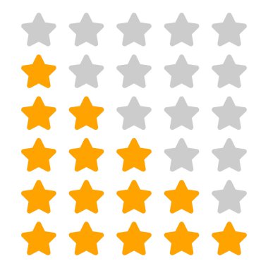 Değerlendirme için 5 yıldız beyaz üzerinde izole edilmiş, sıralama ödülü için 5 yıldız, seçim kalitesinde sarı yıldızlar, en iyi derecelendirme turuncu yıldızı, uygulama ağı için 5 yıldız simgesi