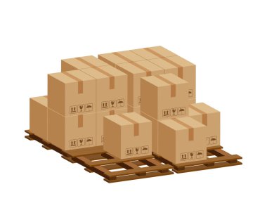 Yığınla sandık, ahşap palette 3D, fabrika deposunda karton kutulu ahşap palet, karton kutular, depo fabrikası yığını, ambalaj kargosu, beyaz üzerine izole kahverengi kutular.