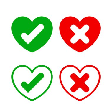 İşaretleme işareti işareti beyaz üzerinde izole edilmiş, onay işareti evet ya da hayır konuşma kutusu sembolü, doğru seçim x veya onay veya reddet soru işareti için simge, çapraz ya da doğru, kalp etiketi konuşma Tamam ve inkar