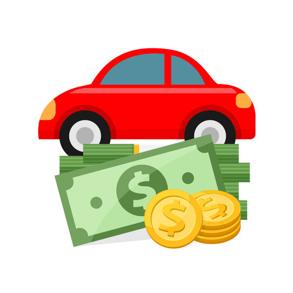 pile money and car red isolated on white background, clip art money and car for insurance business concept, illustration money and car icon cartoon, infographics money for buy and car sell financial