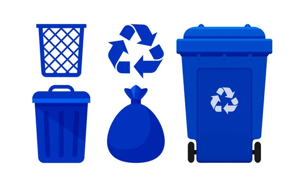 Blue Bin Set Recycle Bin Blue Plastic Bags Waste Isolated — Stock Vector