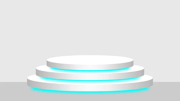 円形の台座3D白と青のライトネオンランプが輝く 化粧品は近代的で主導の光を表示し 位置の装飾のための表彰台のステージショー青蛍光灯光 製品の場所のための台座ボックス — ストックベクタ