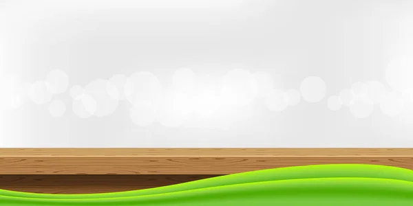 Holztischfrontansicht Und Grüne Grafik Auf Bokeh Soft Grau Leere Tischplatte — Stockvektor