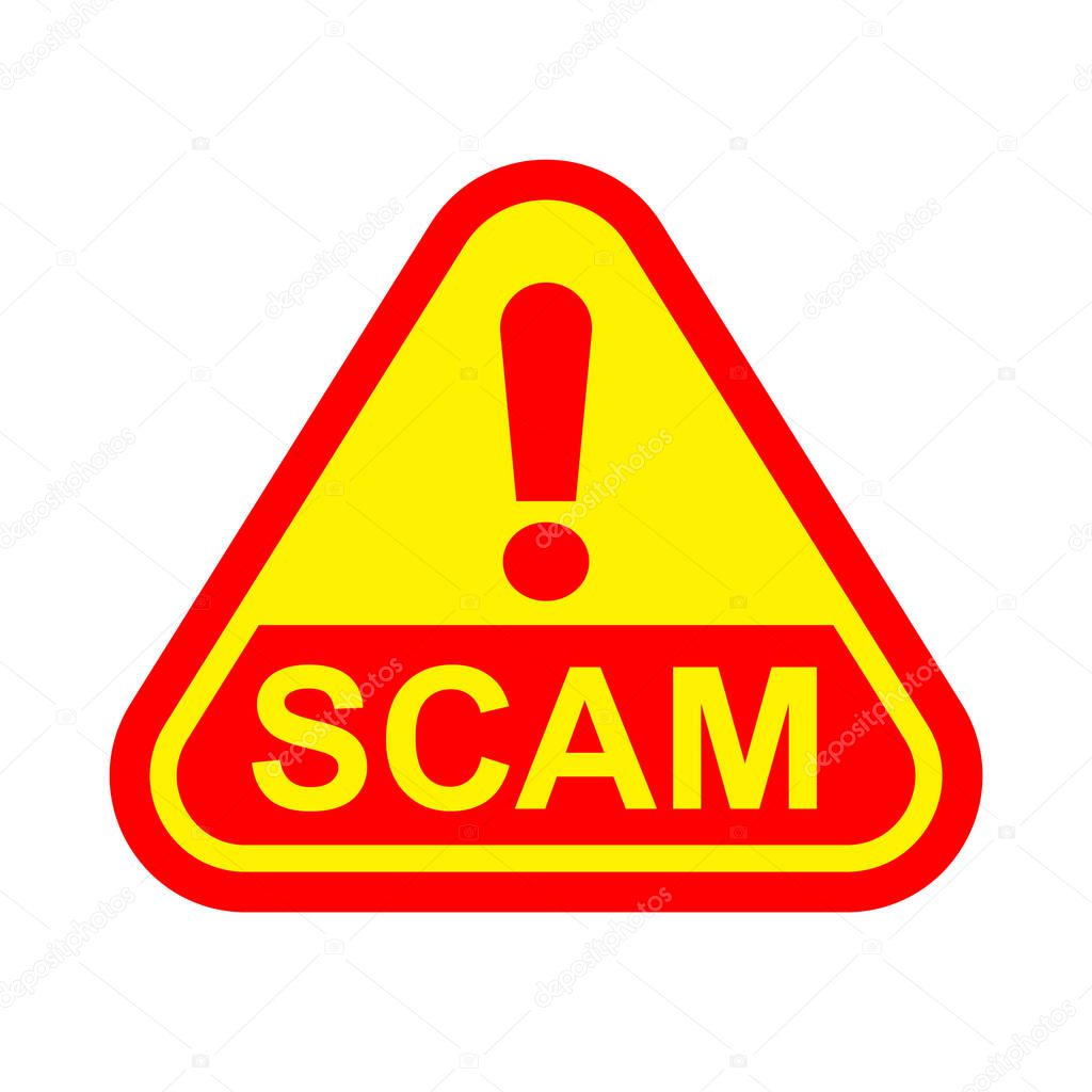 scam triangle sign label red yellow isolated on white, scam warning sign graphic for spam email message and error virus, scam alert icon triangle for hacking crime technology symbol concept