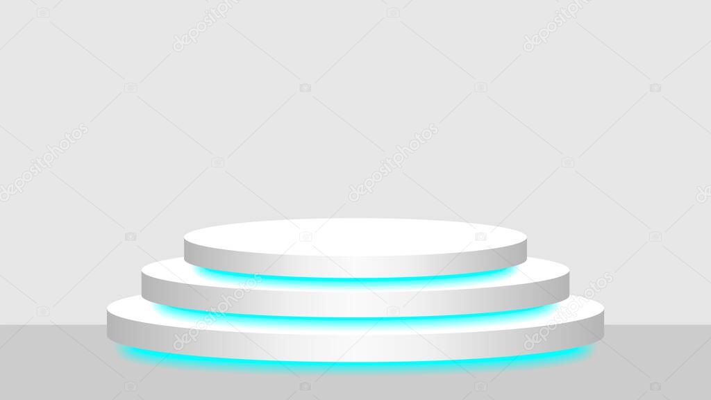 circle pedestal 3d white and blue light neon lamp glowing, cosmetics display modern and led light, podium stage show for position decor blue fluorescent glow light, pedestal box for product place