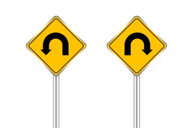 Sol ve sağ U dönüşü işaret eden ok işareti, sol ve sağ kavşak işareti, beyaz üzerinde u dönüşü işareti, çelik direkte yol işareti, trafik yolu işareti sarı