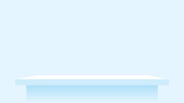 Duvardaki ahşap raf açık mavi pastel yumuşak renk, uzay duvarındaki gösterim için modern raf dekorasyon için şirin ve şık masa başı paneli, boş masa üstü paneli, arkaplan kopyalama alanı