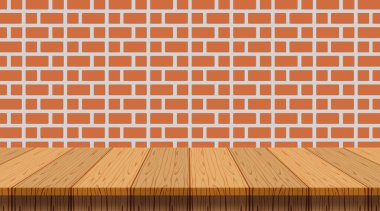 Boş ahşap masa, fotokopi alanı için eski duvar tuğlası, rustik tuğla üzerinde tezgah ahşap masa, sergi için ahşap masa raf yeri ürünü için ahşap masa, mutfak tezgahı tahtaları.